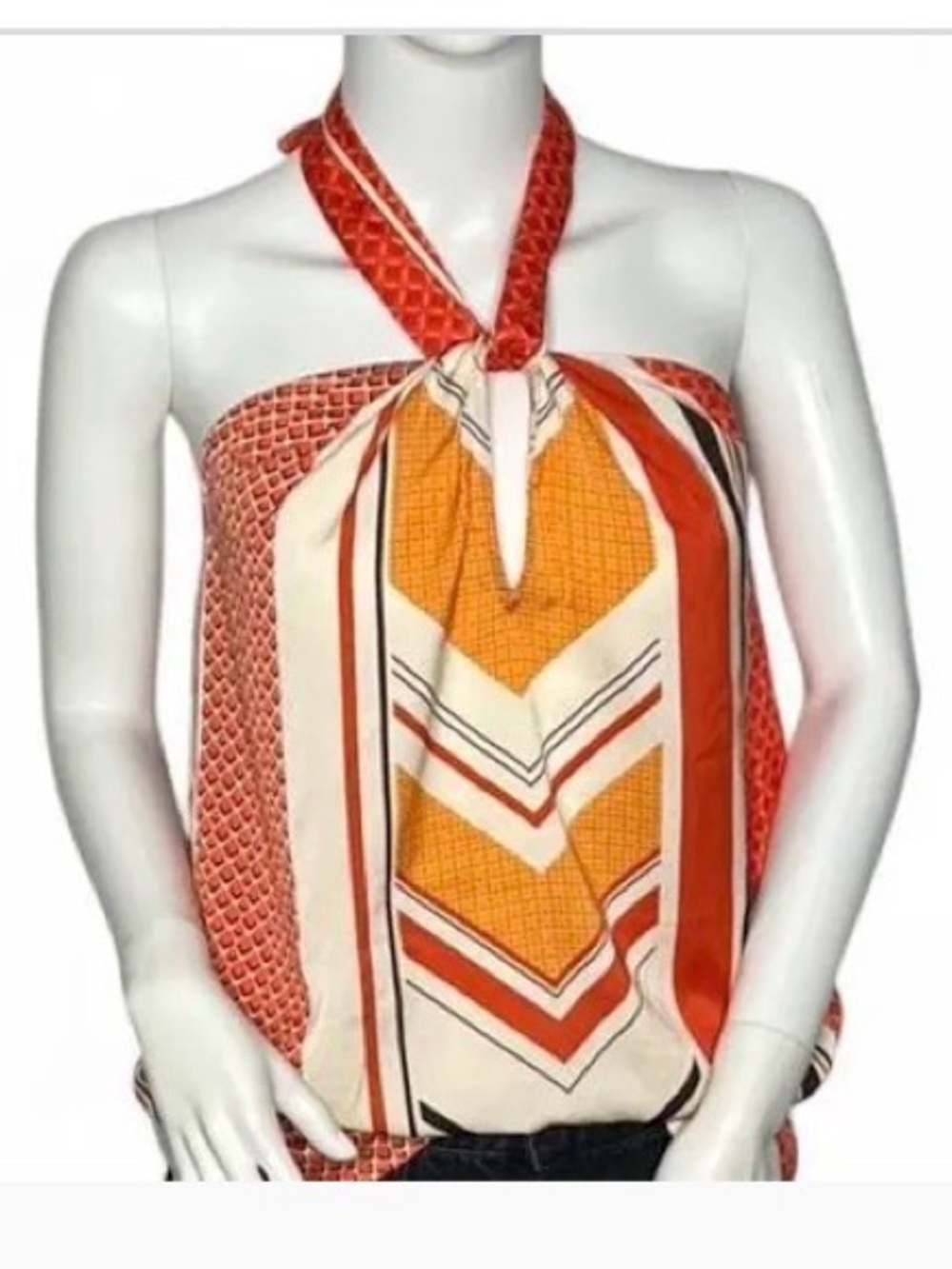 Banana Republic Orange and Cream Printed Halter Scarf Top